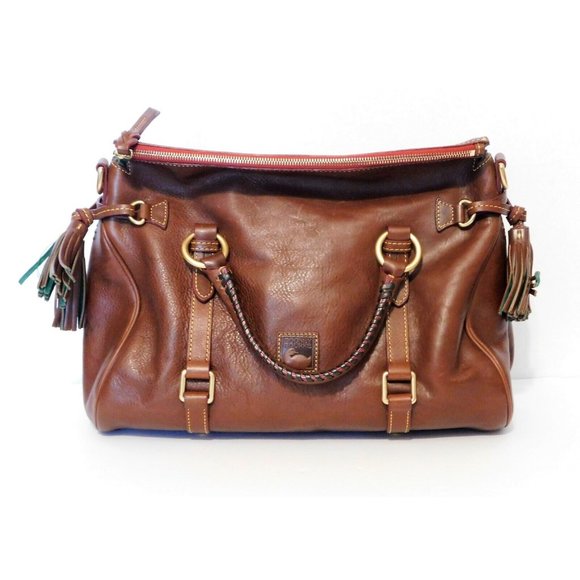 Dooney & Bourke Florentine Leather Satchel Purse Brown Hardware Tassels